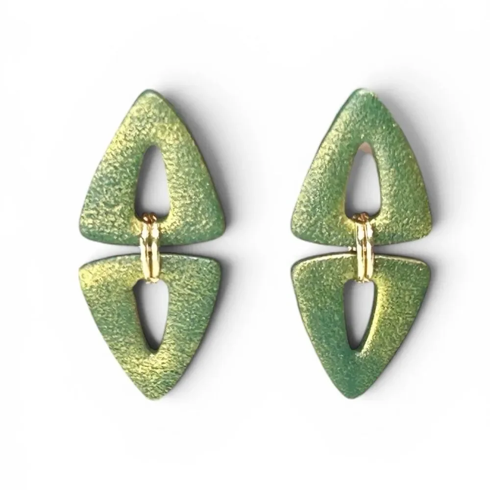 Polymer Clay Dangle Earrings Dark  Green & Gold Handmade Stainless Steel Posts